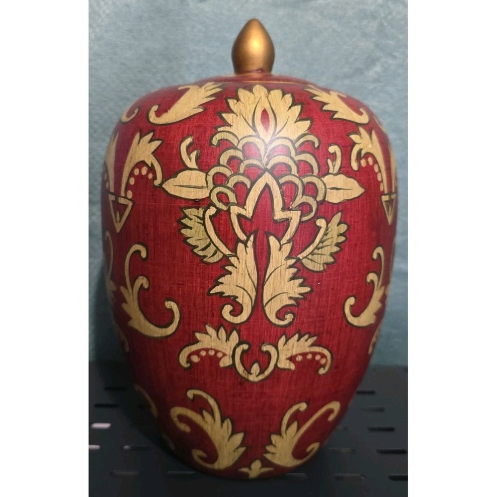 LARGE 10" HAND PAINTED CHINESE GINGER JAR URN RED/GOLD